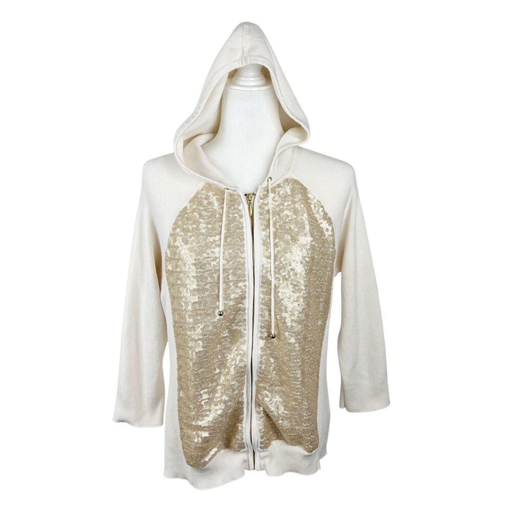 Zenergy by Chico's Sweater Women Large Beige Gold Sequin Zip Up Hoodie Outer